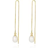 JaruJaru Vermeil Chain Freshwater Pearl Earrings for Women, Gold Threader Earrings, Gold plated on S925 Sterling Silver, Hypoallergenic Thread Through Dangle Earrings
