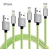 lightning cable Jpinbo iphone chargers 3Pcs 3ft/6ft/10ft Extra Long Nylon Braided Cord Lightning Cable USB Charging Charger for iPhone 7/7Plus/6S Plus,SE/5S/5C,iPad Air/Pro/Mini,iPod Nano (Gray+Green)