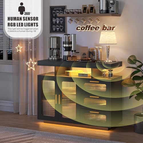 Coffee Bar Cabinet with Storage, Buffet Sideboard with RGB Light, Modern Coffee Bar Table with Charging Station (Black-93007)