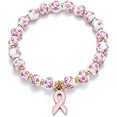 GoHere Breast Cancer Bracelets Pink Ribbon Charm Blue Flower Ceramic Heart Bead Bracelets for Women Cancer Awareness Accessories Valentine's Day Mother's Day Teachers' Day Gift