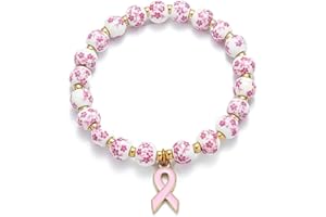 GOHERE Charm Bracelets for Women Breast Cancer Awareness Accessories Heart Beaded Bracelet Flower Ceramic Jewelry Love Gifts