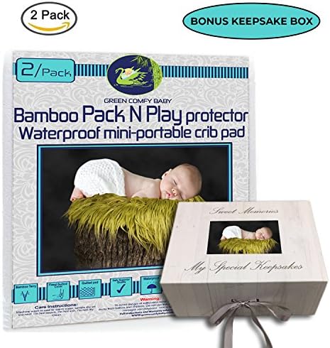 Pack and Play Protector 2/pack ORGANIC BAMBOO All-IN-ONE sheet/protector by Green Comfy Baby WATERPROOF 3 layers mini-crib fitted sheet playpen pad cover +6" deep. NO CHEMICAl, HYPOALLERGENIC