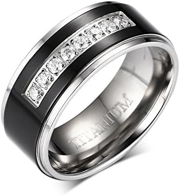 8mm Men's Black Titanium Wedding Band Ring with 8 Simulated CZ Set (7)