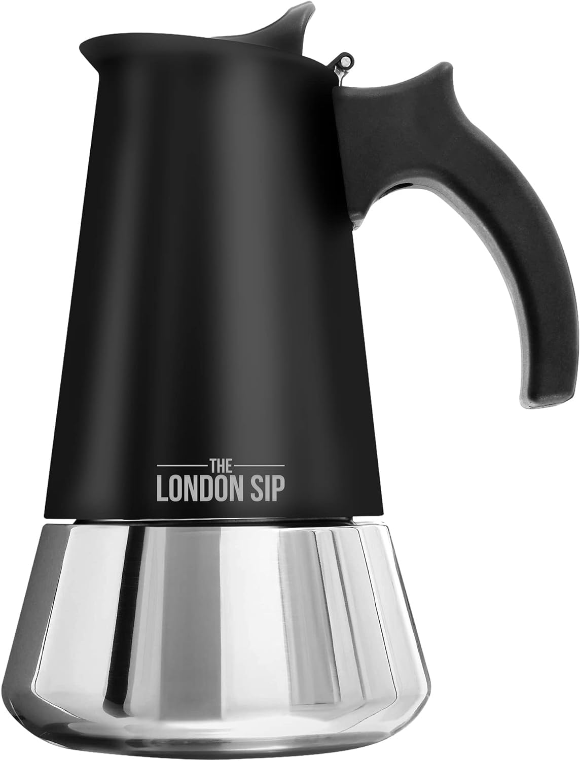 The London Sip Moka Pot, Stovetop Coffee Maker, Italian Style Espresso Maker, Stainless Steel, Induction Compatible, Modern Chrome, Black, 3 Cup (150 ml)