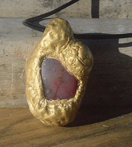 Handmade Gold Primitive Red Pink Agate Pendant Necklace Clay Copper Necklace Leather Artisan OOAK Rustic Burning Man Amulet Shaman Pendulum,