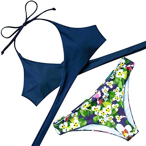Womens Push up Padded Bikini Floral Printing Bottom Swimsuit 2 Piece (M, Blue)