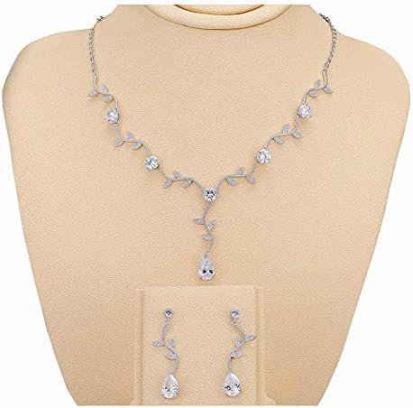 TRAINER SECRET Women Cubic Elegant Leaves Vine Teardrop Bridal Pendant Necklace Dangle Earrings Wedding Jewelry Set