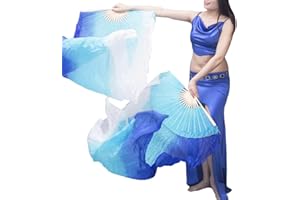 Nimiman Women Real Silk 1.8M Belly Dance Fan veils Vertical Style Blue Turquoise White Gradient Color