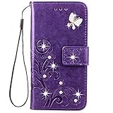 HAOTP(TM) Beauty Luxury 3D Fashion Handmade Bling Crystal Rhinestone Butterfly Fashion Floral Lucky Flowers PU Flip Stand Credit Card ID Holders Wallet Leather Case Cover for iPhone 7 (Bling /Purple)