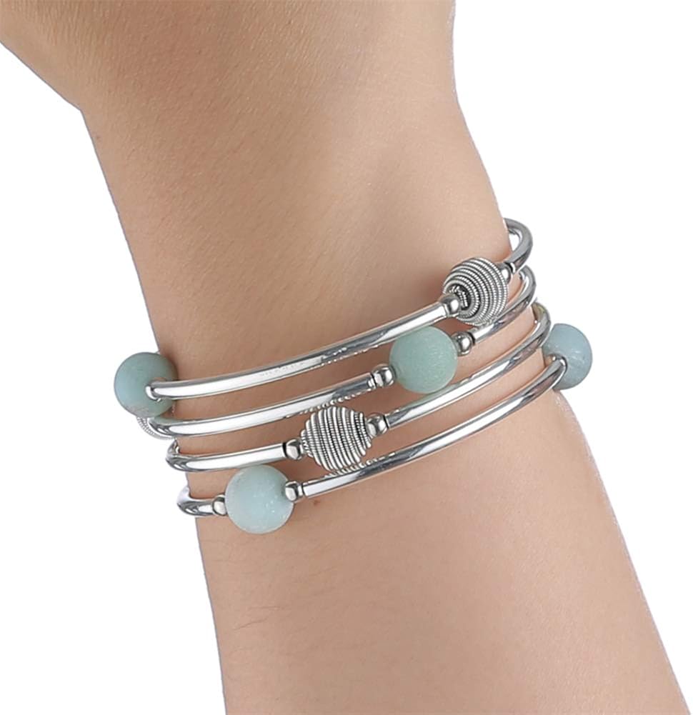 PEARL&CLUB Beaded Chakra Bangle Turquoise Bracelet - Fashion Jewelry Wrap Bracelet with Thick Silver Metal and Mala Beads, Birthday Gifts for Women (A:Turquoise): Jewelry
