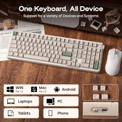 EPOMAKER RT100 PRO Tri-Mode Mechanical Keyboard, 1.54” Hot-Swap Screen, Knob, Retro PBT Keycap, Mac Keys, Thocky Gasket, Custom Driver, RGB, BT/2.4G Wireless Gaming Keyboard (White, Creamy Jade)