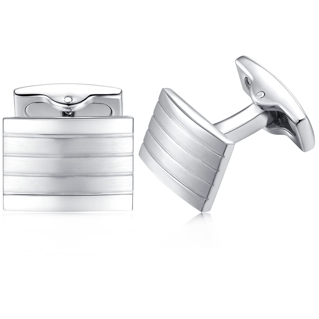 HONEY BEAR Stripe Cufflinks for Men's Shirts - Rectangle for Business Wedding Gift,Silver