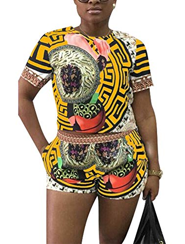 Women's Two Piece Outfits - Sexy Short Sleeve Crop Top and Shorts Set Large Yellow