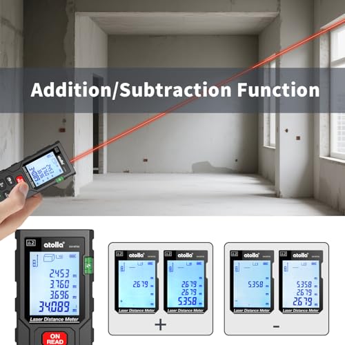 atolla Telémetros Láser 60M Medidor Laser de Distancia Alta Precisión ±2 mm, Distanciometro Laser con LCD Pantalla Almacenamiento de Datos, Medición de Pitagórico/Distancia/Área/Volumen, IP54
