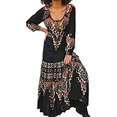 Womens Black Boho Paisley Maxi Dresses Long Sleeve Ethnic Scoop Neck Skirt Vintage Flowy Party Festival Spring Dress