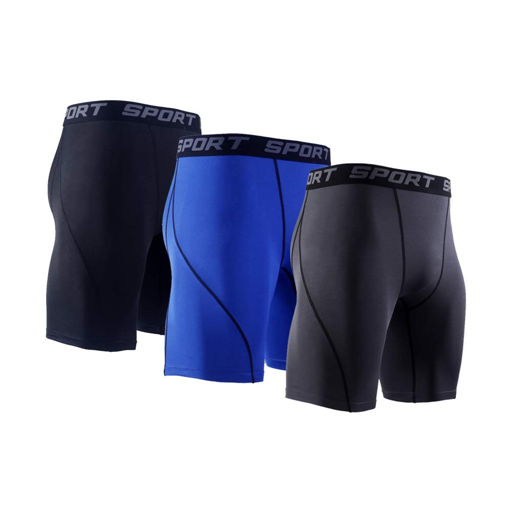 JOJEN Anooma Men’s 3 Pack Sport Compression Shorts for Workouts Running Cycling Training Weightlifting -Moisture Wicking Athletic Supporter (M, 3 Pack: Black,Grey,Blue)