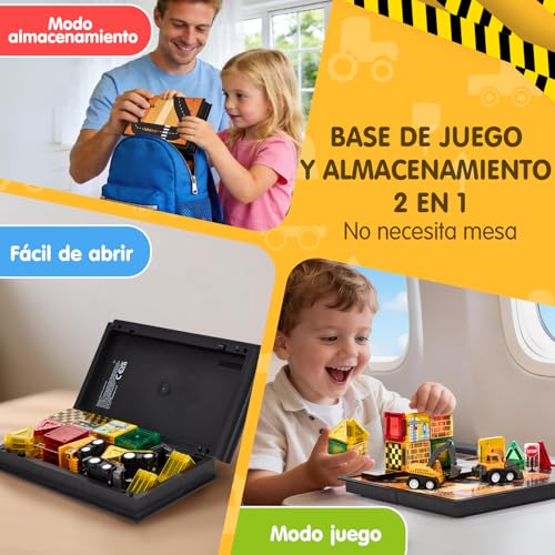 hahaland Construcciones Magnéticos de Viaje para Niños, 42 Piezas Bloques Magneticos Construccion Niños con Caja Portátil, Carreteras y Vehículos, Juego Montessori STEM para Niños 3 4 5 6 Años