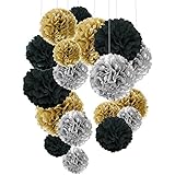 Tissue Paper Pom Poms, Cocodeko Paper Flower Ball for Birthday Party Wedding Baby Shower Bridal Shower Festival Decorations 18 Pcs - Black, Gold and Silver