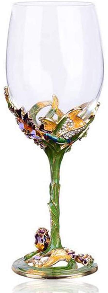 YBK Tech Handmade Enamel Craft Crystal Red Wine Glass in Gift Box, Iris Design (Green)