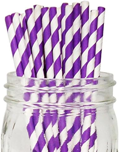 Purple Grape/White Stripe Set of 100 Count Size 7 3/4 inch Stripe Design Paper Drinking Straw Baking Sticks Cake Pop Sticks For Cake Pops Lollipops Crafts Cupcake Toppers Rock Candy and Brownie Pops