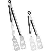 Lebabo Tongs for Cooking, Set of 2 Metal Spatula Tongs for Grilling, Black | 9 inch &amp; 12 inch, Flat Spatula Head, Comfortable Handle, Strong Grip, Easy Pull Lock, Flipping Utensil
