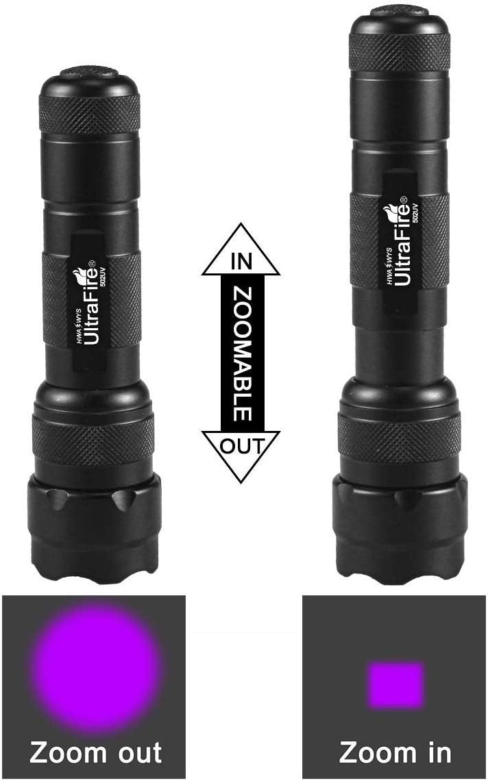 UltraFire UV Flashlight 395-405 nm Led Blacklight with 18650 battery and charger for curing UV glue, Leak Detector, Pet Urine Stain - - 