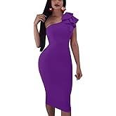 Mokoru Women's Sexy Ruffle One Shoulder Bodycon Elegant Cocktail Party Midi Dresses