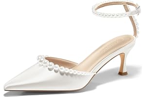 Coutgo Womens Pearl Kitten Heels Closed Pointed Toe Wedding Bride Dress Shoes Ankle Strap Satin Pumps