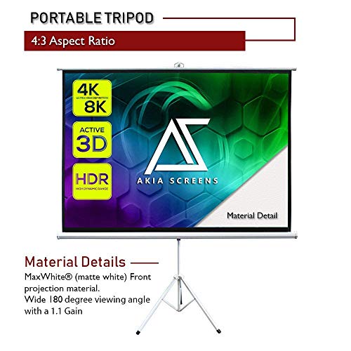 Akia Screens 100" Portable Indoor Outdoor 4:3 Tripod Projector Screen 8K / 4K Ultra HD 3D Ready Pull Up Collapsible Projection Screen with Adjustable Tripod Stand Foldable Projector Screen AK-T100SB1
