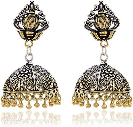 AHUTI ACCESSORIES German Silver Plated Oxidised two tone Jhumkas Earrings for Women (EAH003)