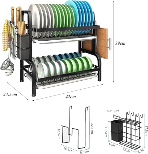 Nyganmelloz 2-Tier Stainless Steel Dish Drying Rack, Dish Drainer with Drip Tray & Utensil Holder, Multifunctional Countertop Organizer with Cup, Cutting-Board, Plate Holder for Kitchen Sink, Black