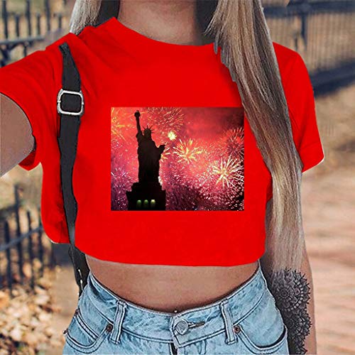Women Tank Tops American Flag Print Short Sleeve T-Shirts Tees Casual Vest Blouse Large Size (Red, 3XL)