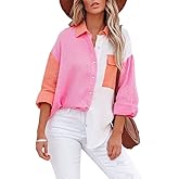 chouyatou Women's Color Block Long Sleeve Button Down Boyfriend Shirt Blouses