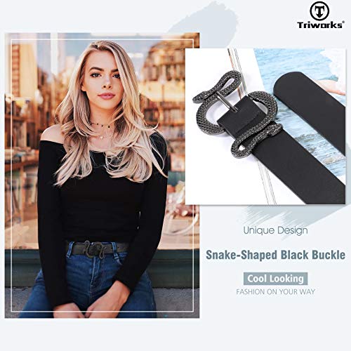 Triworks Belt For Women Fashion Leather Belt Gold/Black Snake Buckle Belt for Jeans, Pants, Dresses, Shorts