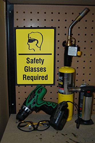 Safety Glasses Required Yellow Sign - Large Eye Protection Warning Signs - Plastic 4 Pack, 12x18