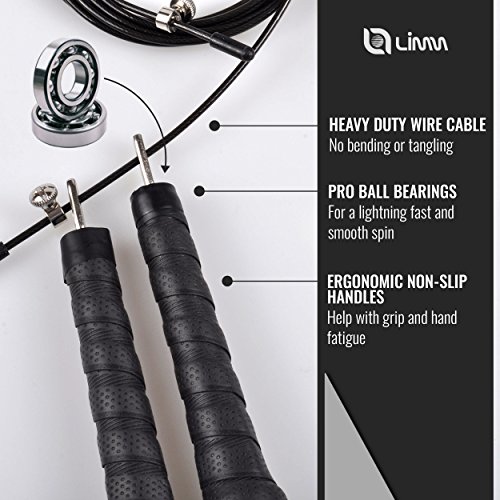 Limm High Speed Cable Jump Rope with Non-Slip PU Leather Handles & Carry Bag| Adjustable 10ft Exercise Jumping Rope | Fast Skipping Rope for Crossfit, Boxing, Men, Women, Kids (Black)