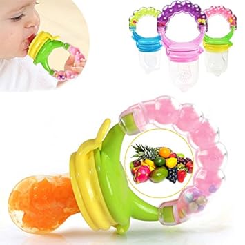 BabyGo Organic Babys BPA-Free Silicone Food Nibbler for Fruit and Veggie with Rattle Handle (Multicolour, 6-12 Months)