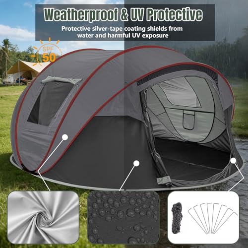 Camping Tent, Pop Up Tent, 4-5 People, Automatic Pitch Tent in 3 Seconds, Throwing Tents, Waterproof Sun Protection, Family Tent, Portable Lightweight Dome Tent for Outdoor Camping