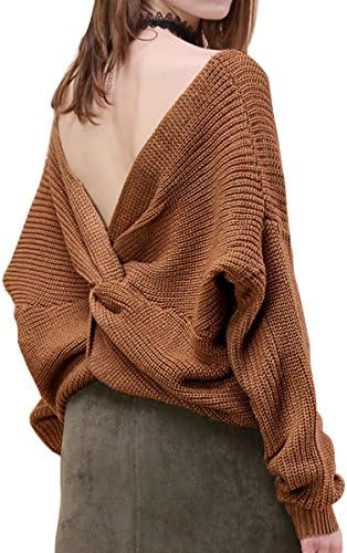FOXSEN Womens' Sexy Deep V Neck Knitted Backless Tie Sweater Pullover Brown L