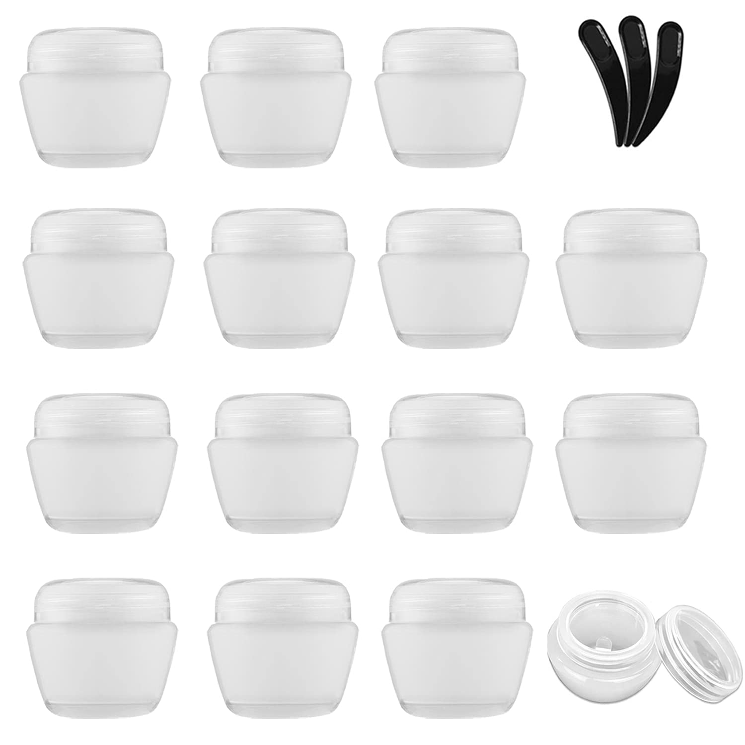 Yalbdopo 15 Pieces 20ml / 20g Empty Clear Cosmetic Sample Container with 3Pcs Mini Spatulas & 18 Labels, Plastic Refillable Travel Pot Jars with Lids and Inner Liners for Makeup Creams Beauty Nails