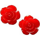 Hypoallergenic Large Glossy Red Rose Stud Earrings on Plastic Posts