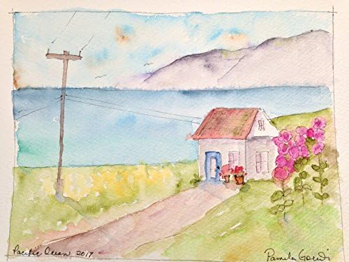 Hollyhocks by a Small Cottage near the Ocean -- Original Hand Painted Watercolor, Not a Print, 8 by 6 inches