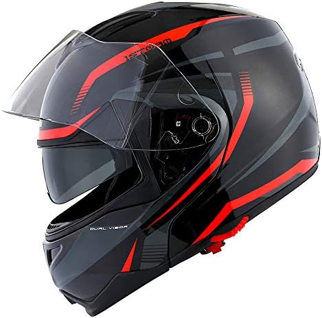 1Storm Motorcycle Street Bike Modular/Flip up Dual Visor/Sun Shield Full Face Helmet Storm Tron Red