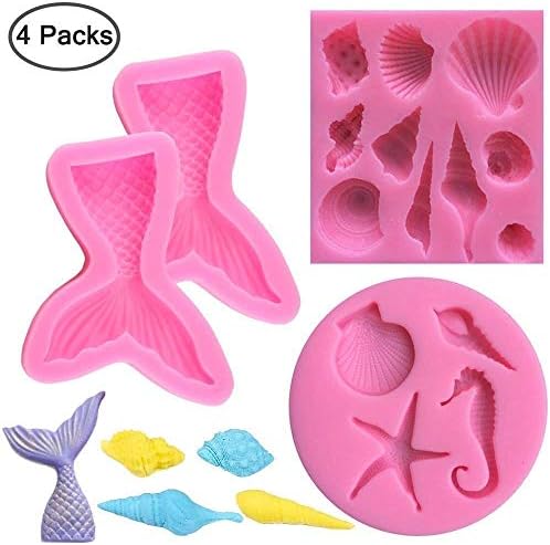 Luxkitto 4 Pack Mold Mermaid Tail Mold Silicone Fondant Mold Chocolate Mold for Decorating Cakes, Chocolate, Candy, etc.
