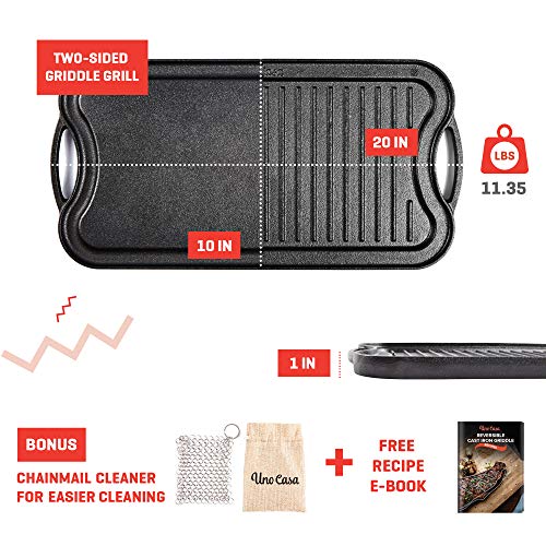 Uno Casa Cast Iron Griddle Grill Pan for Stove Top - 20x10 Inch Pre-Seasoned Camping Griddle with Chainmail Cleaner