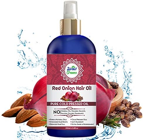 HerbalGreens Pure Red Onion Hair Oil Blends with Argan Oil, Castor, Bhringraj, Almond & Extracts - Repairs Damaged Hair (No Mineral Oil) Essential Oils - 200 ml