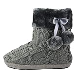 Airee Fairee Slippers Womens Indoor Slipper Boots for Ladies Girls with Knitted Upper and Pom Poms (Medium-US 7-8, Grey)