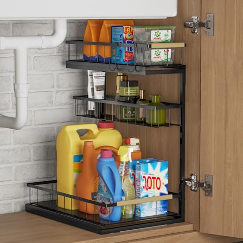 Fantasnight Kitchen Under Sink Storage Organiser - 1 Pack Metal Undersink Organisation for Cupboard - 3 Tier Pull Out Cabinet Drawers Black - Sliding Cleaning Shelf Organizer Solutions for Bathroom
