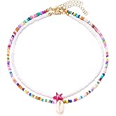 Colorful Beaded Choker Necklace for Women Bohemian Starfish Turtle Shell Layered Necklace Handmade Adjustable Colorful Rice Beads Charm Choker Necklace Boho Beach Summer Ocean Hawaii Jewelry
