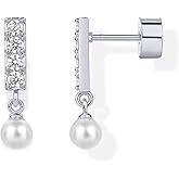 PAVOI 14K Gold Plated 925 Sterling Silver Posts Mini Bar Drop Dangle Flatback Earrings for Women | Dainty Helix Cartilage Piercing Jewelry | Baguette Bezel Marquise Pearl Cubic Zirconia Screwback Stud Earrings